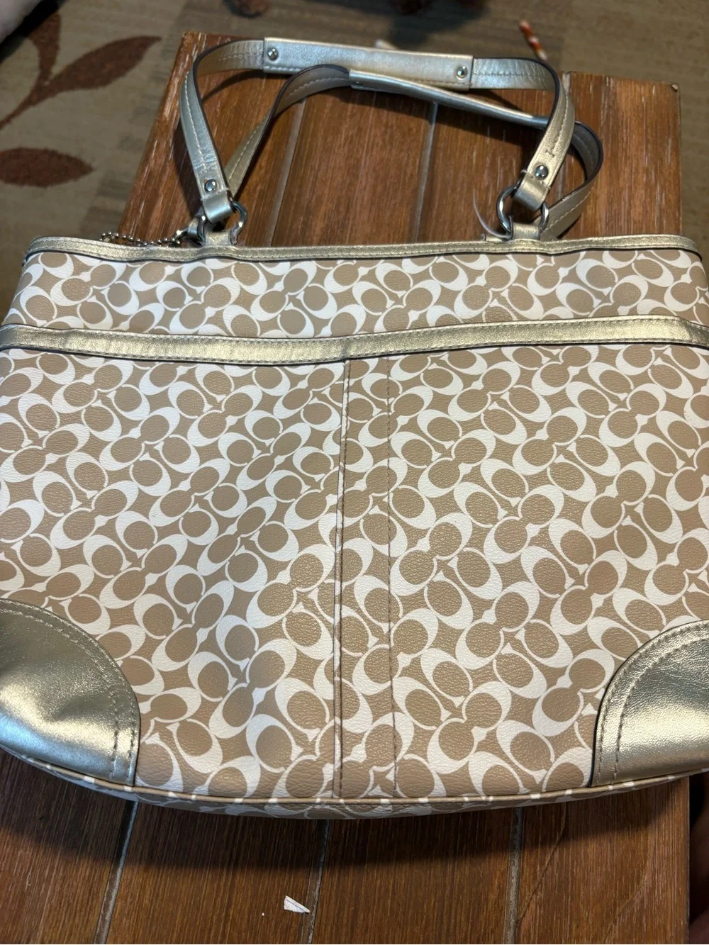 Coach Beige Signature Tote with Metallic Silver Trim